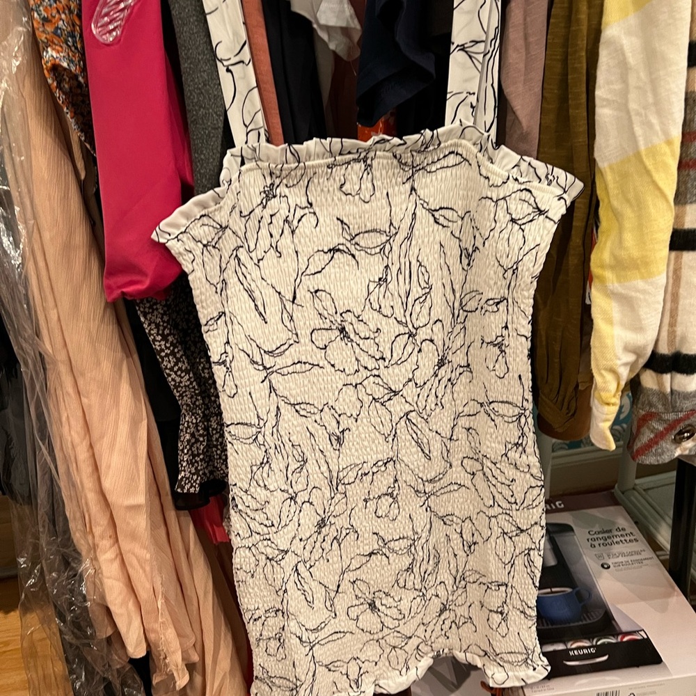 White and black floral smocked dress — never worn!